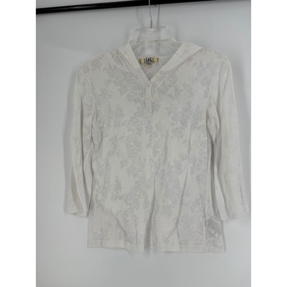 LEI Women's White Floral Print Hooded Lightweight Pullover Top Size L